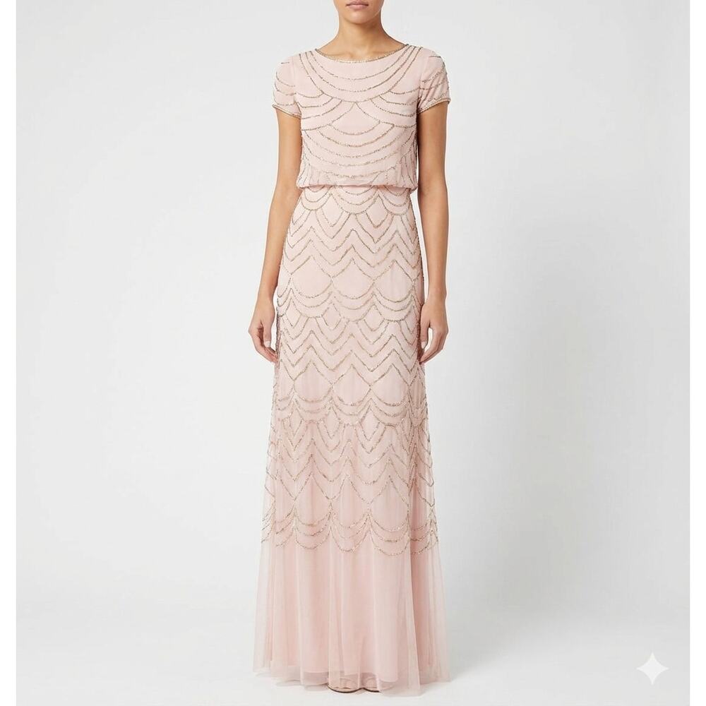 NWT Adrianna Papell Women's Size 4 P Short Sleeve Blouson Beaded Gown maxi dress
